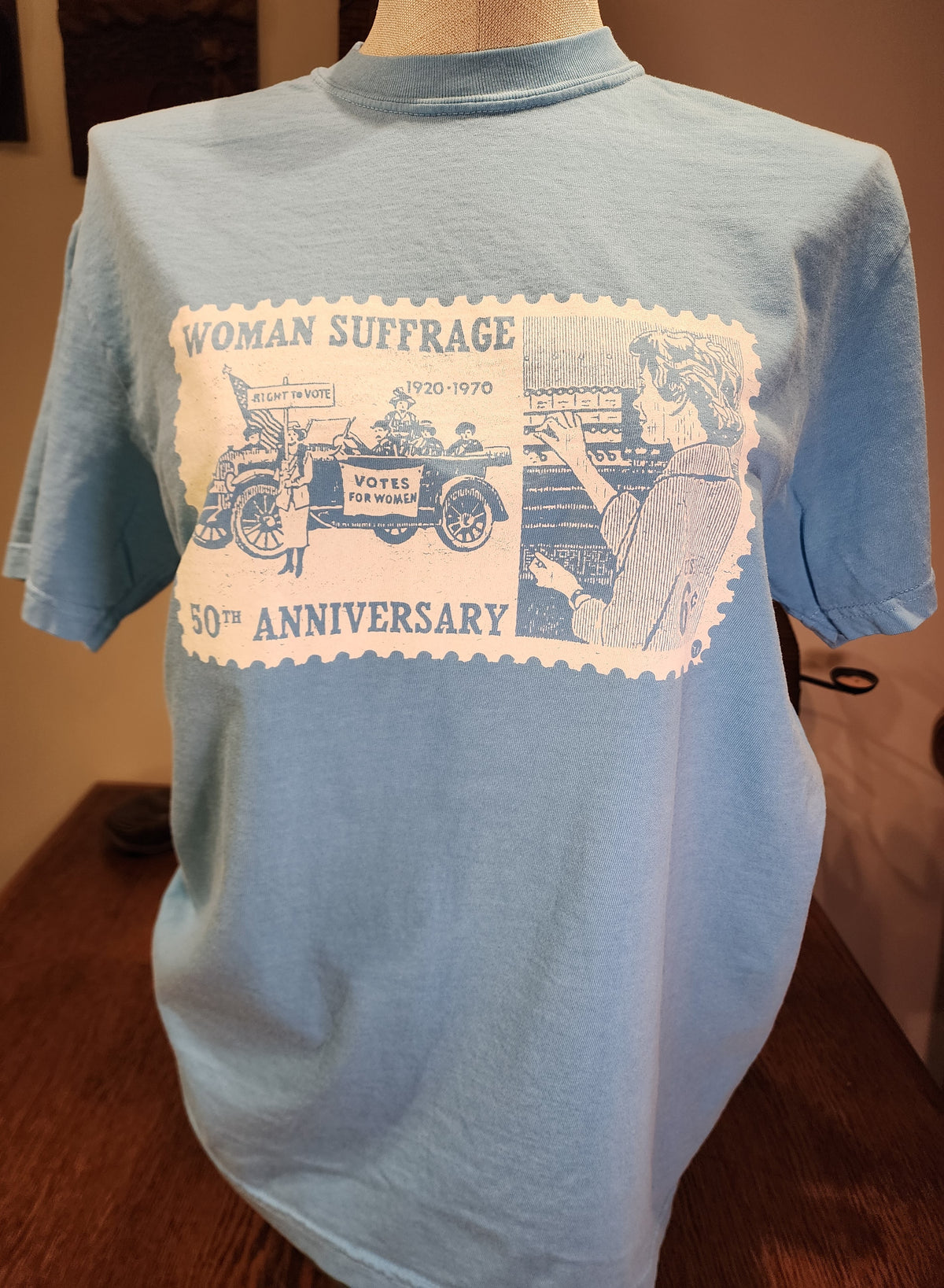 Womens' Suffrage Vintage Postage Stamp hand-printed tee, Comfort Colors Denim SM-3X