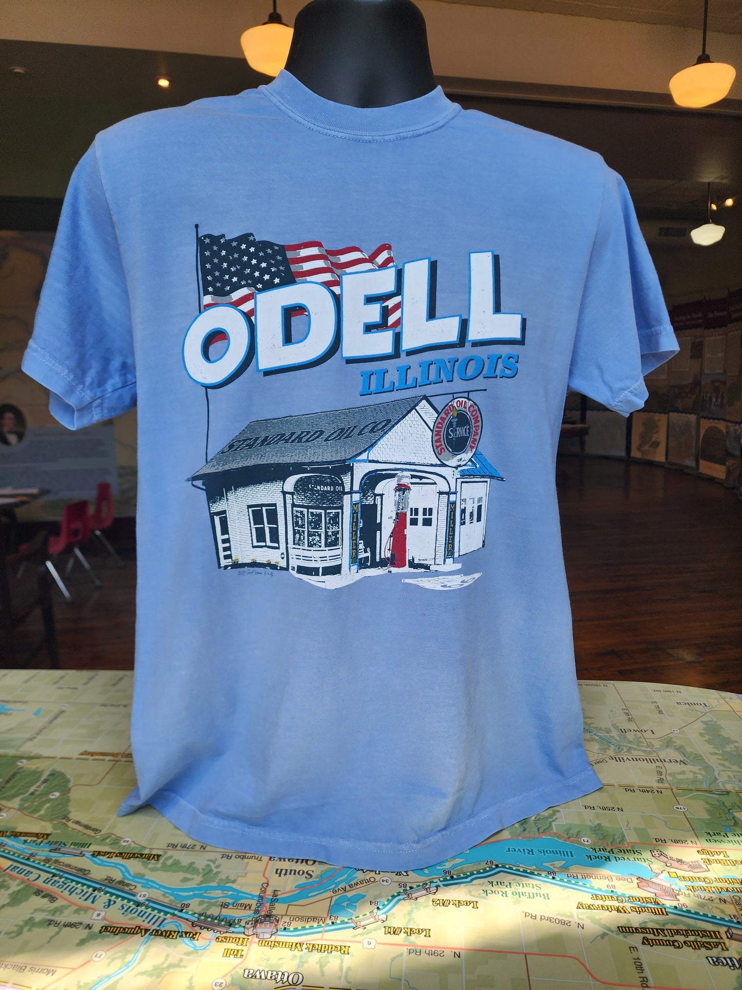 Odell, Illinois Route 66 Standard Station Comfort Colors Tee Light Denim SM-3X
