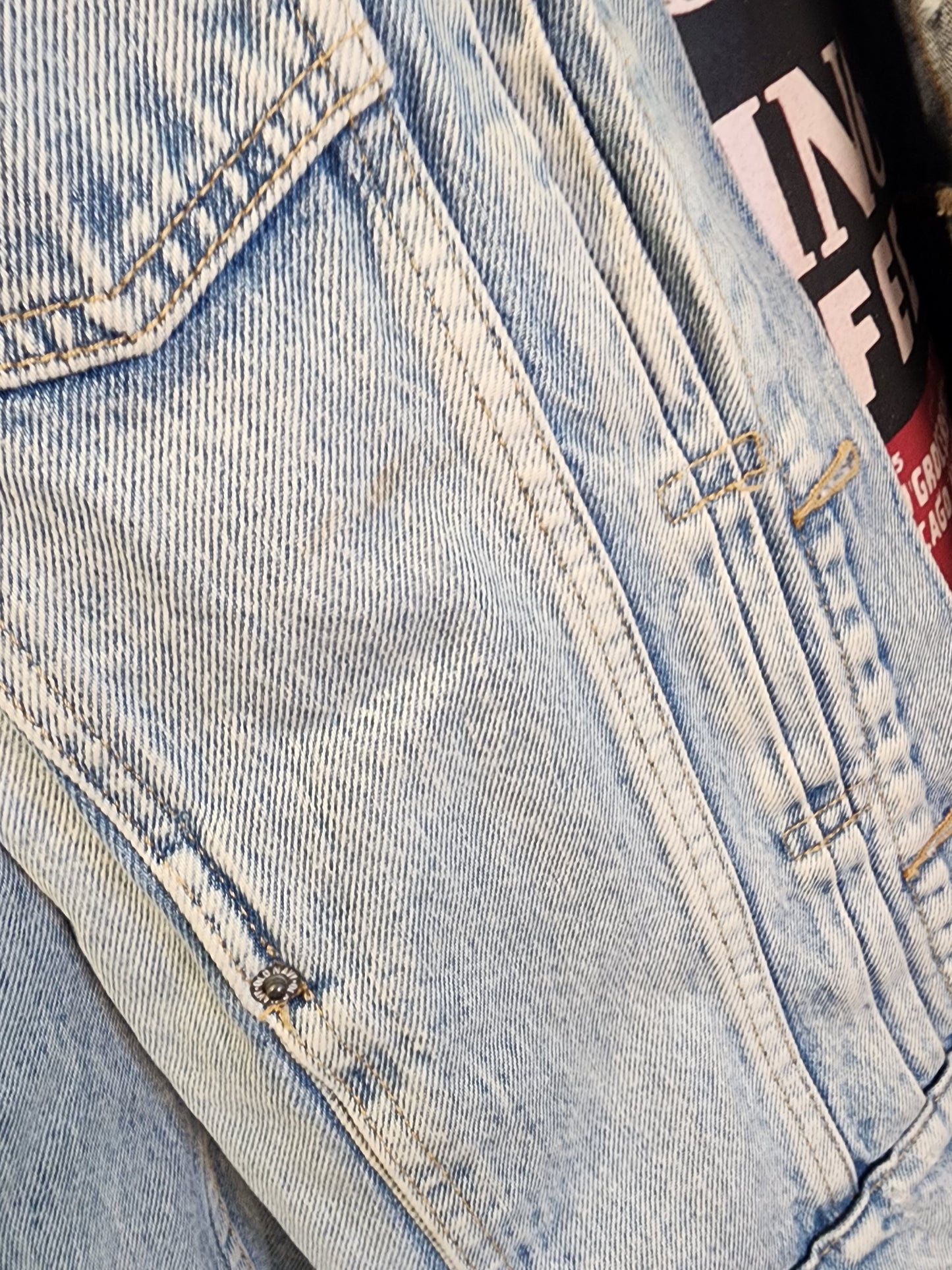 Hand-Printed Custom Vintage Denim Jacket, Old Navy Size Ladies' 2X, "Cravings" by Artist Jernie Scott