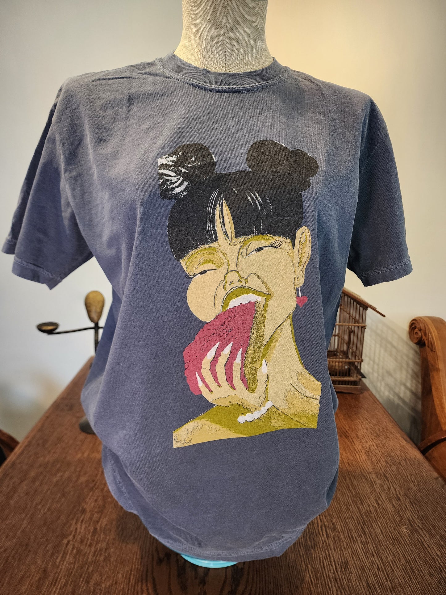 Hand-Printed Comfort Colors tee, Denim, "Cravings" by artist Jernie Scott SM-3X