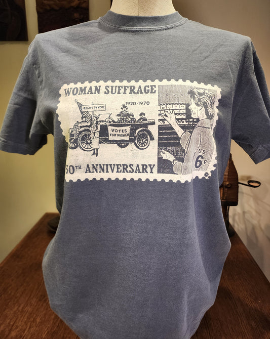 Womens' Suffrage Vintage Postage Stamp hand-printed tee, Comfort Colors Navy SM-3X