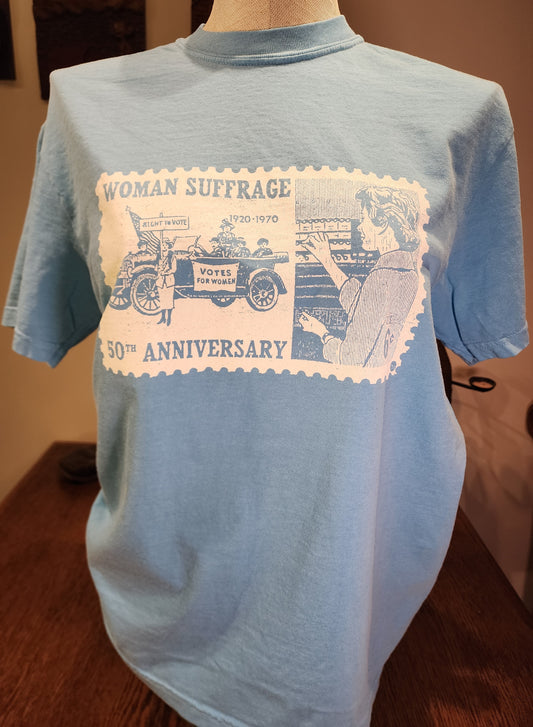 Womens' Suffrage Vintage Postage Stamp hand-printed tee, Comfort Colors Denim SM-3X