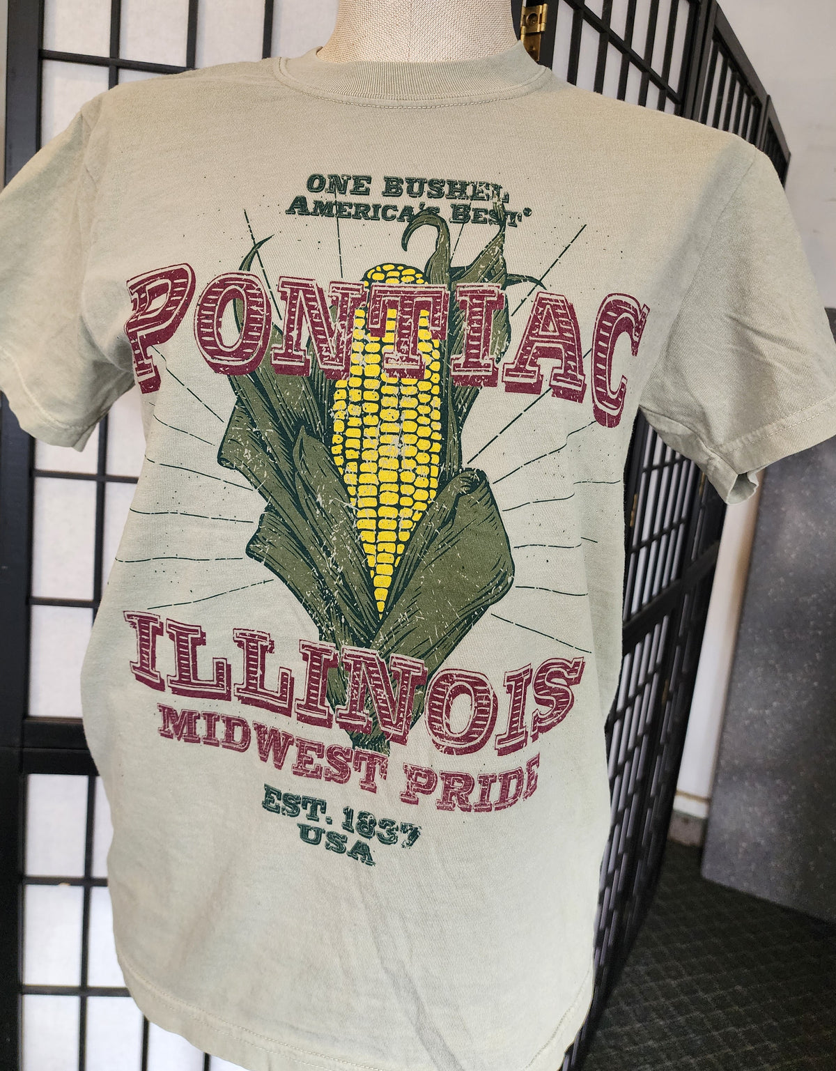 "Pontiac, Illinois Midwest Pride" vintage seed bag design Custom-Colors tee, Sage