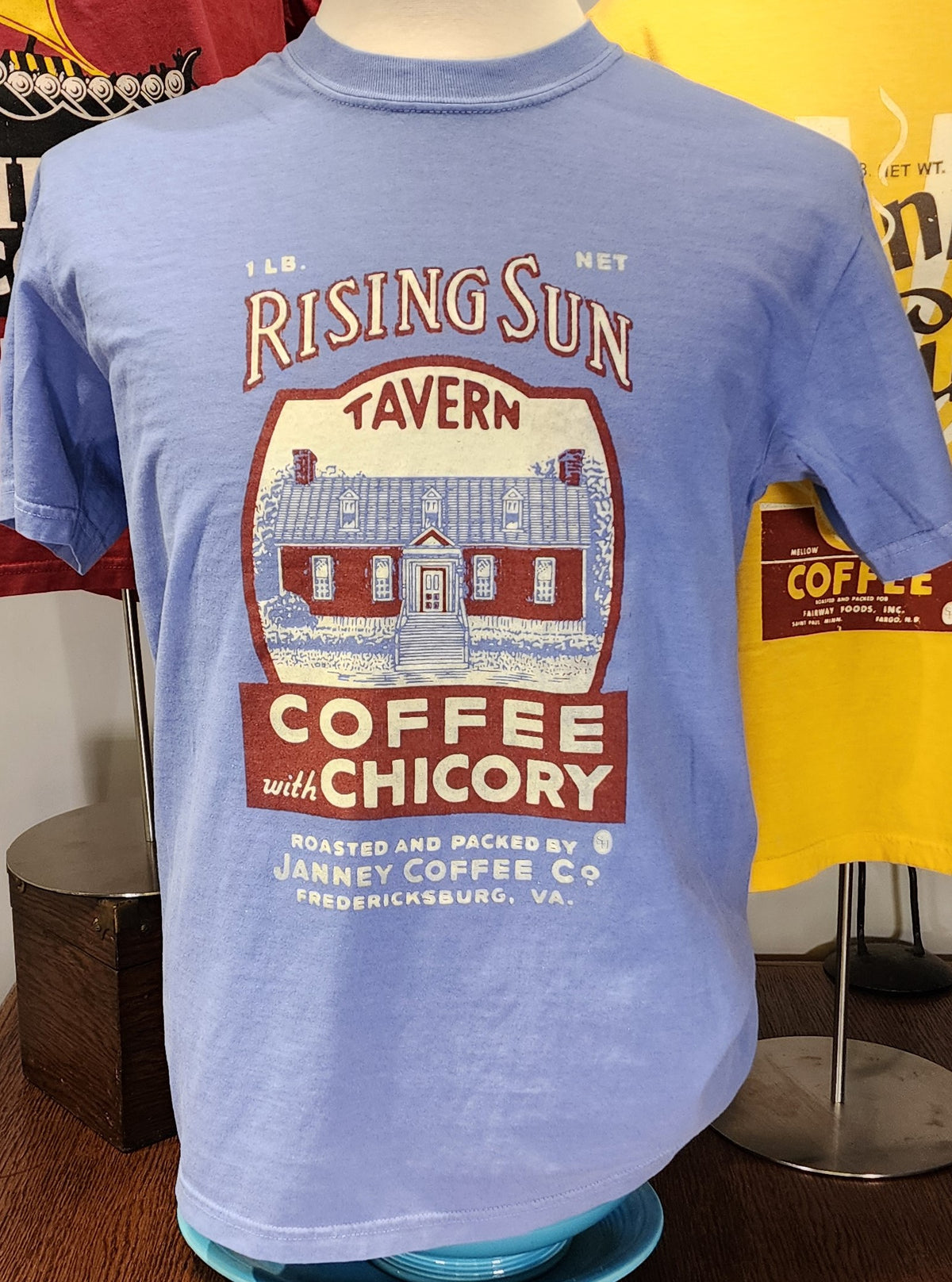 Vintage Coffee Label tee; "Rising Sun Tavern" Comfort Colors tee; Denim Blue