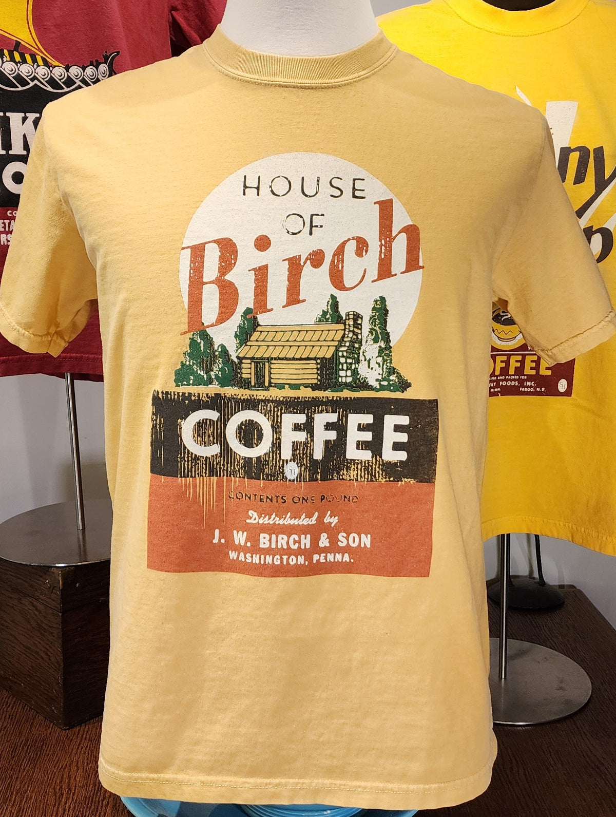 Vintage Coffee Label tee; "House of Birch Coffee", Comfort Colors tee, Mustard