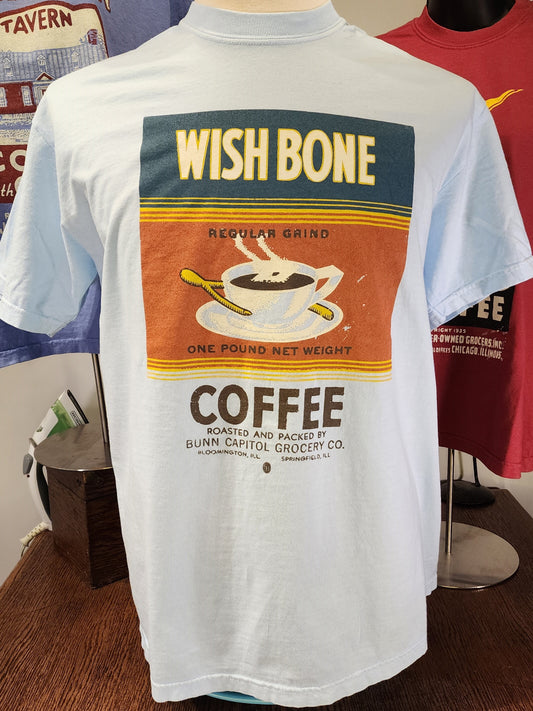 Vintage Coffee Label tee; "Bunn Wishbone Coffee", Comfort Colors tee, Sky Blue