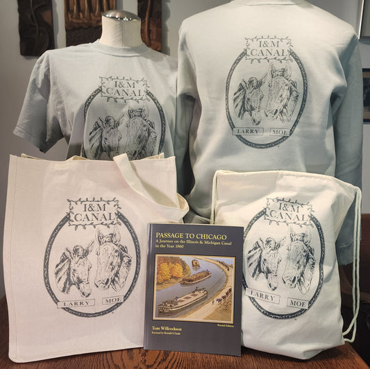 I&M Canal Gift Package Six; Drawstring Backpack, Book, "Mule Portrait" Comfort Colors tee
