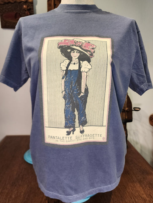 Womens' Suffrage "Pantalette Suffragette" vintage postcard design, Comfort Colors tee, Navy