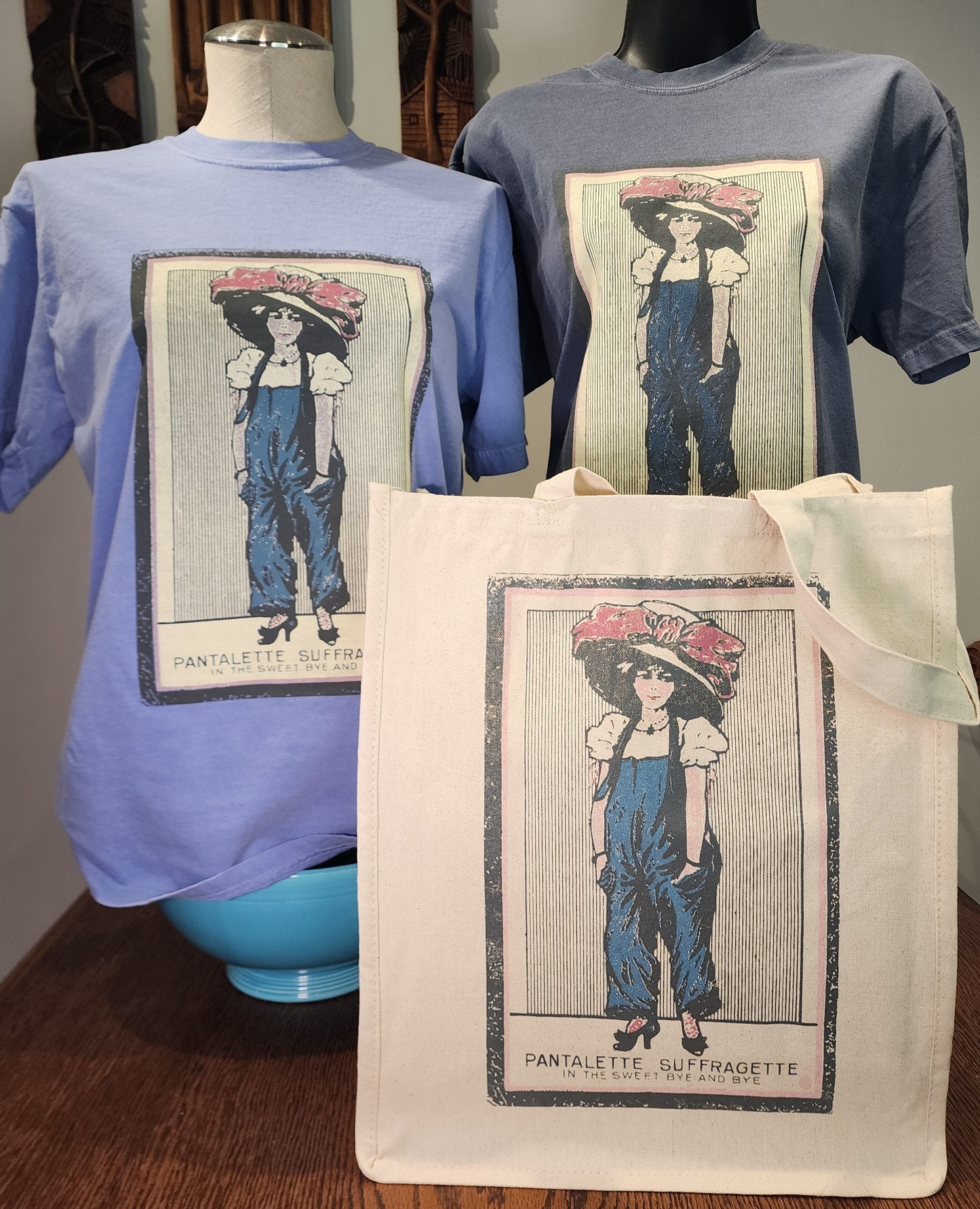 Womens' Suffrage "Pantalette Suffragette" vintage postcard design cotton canvas tote