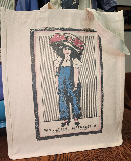 Womens' Suffrage "Pantalette Suffragette" vintage postcard design cotton canvas tote