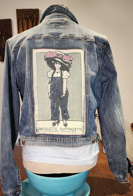 Hand-Printed Custom Repurposed Denim Jacket, Maurice's Ladies XL Women's Suffrage, "Pantalette Suffragette"