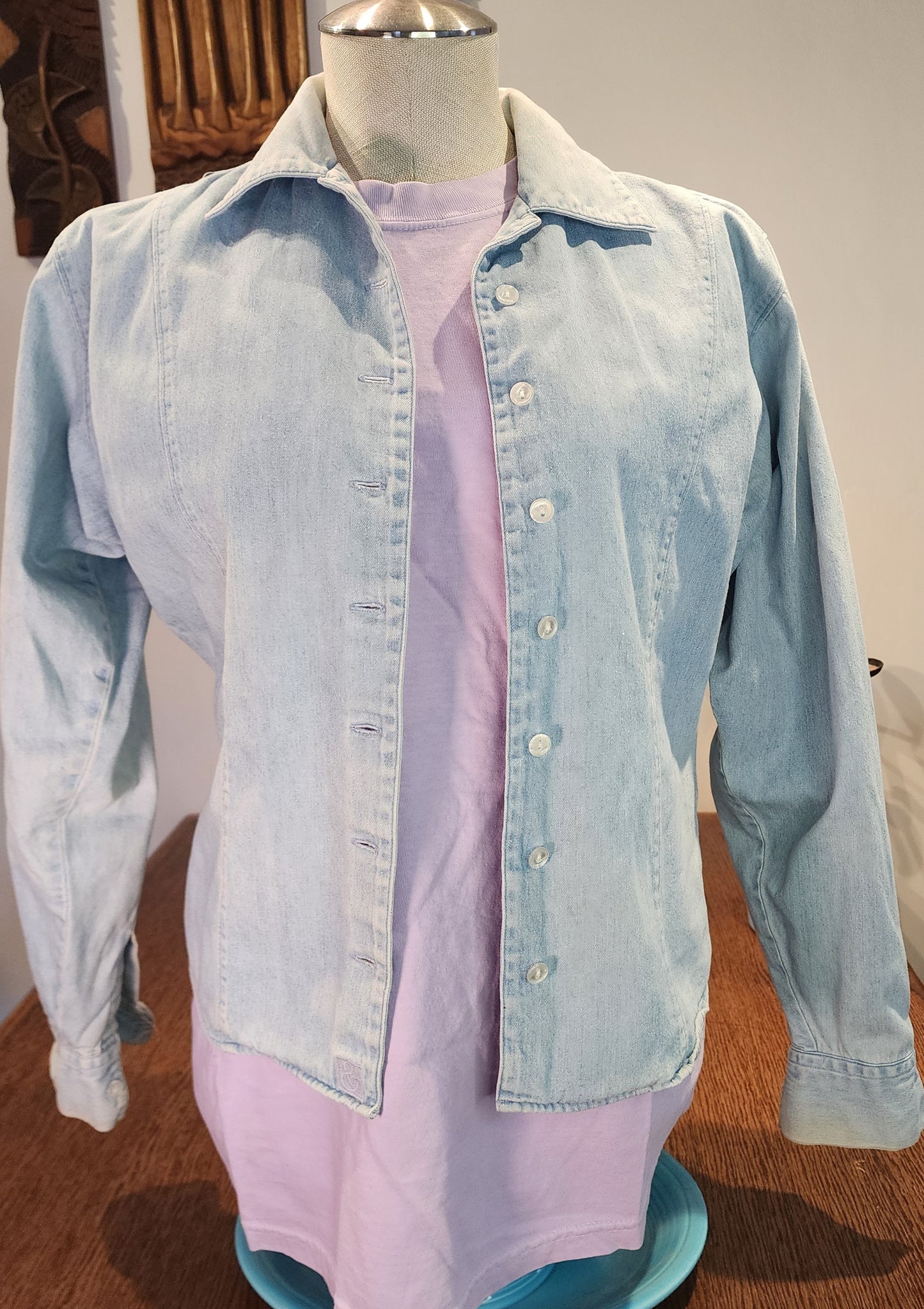 Hand-Printed Custom Repurposed Denim Shirt, "Pantalette Suffragette" Ladies Medium