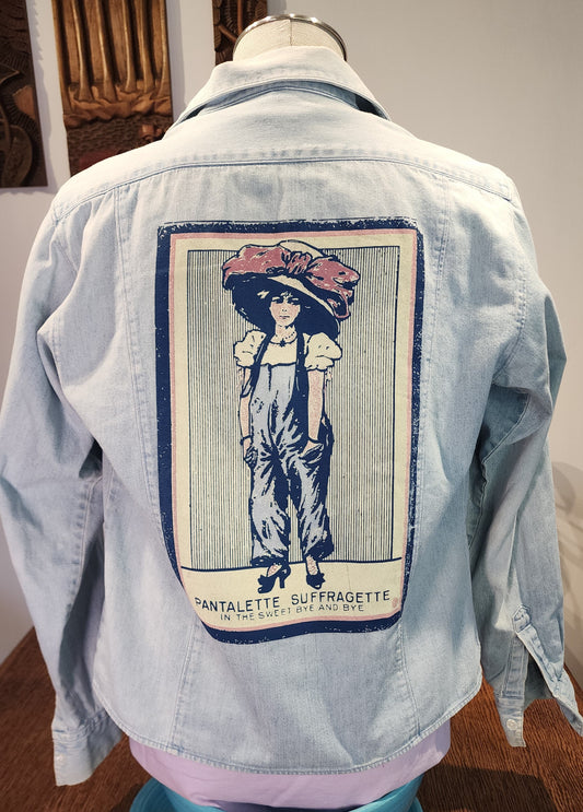 Hand-Printed Custom Repurposed Denim Shirt, "Pantalette Suffragette" Ladies Medium