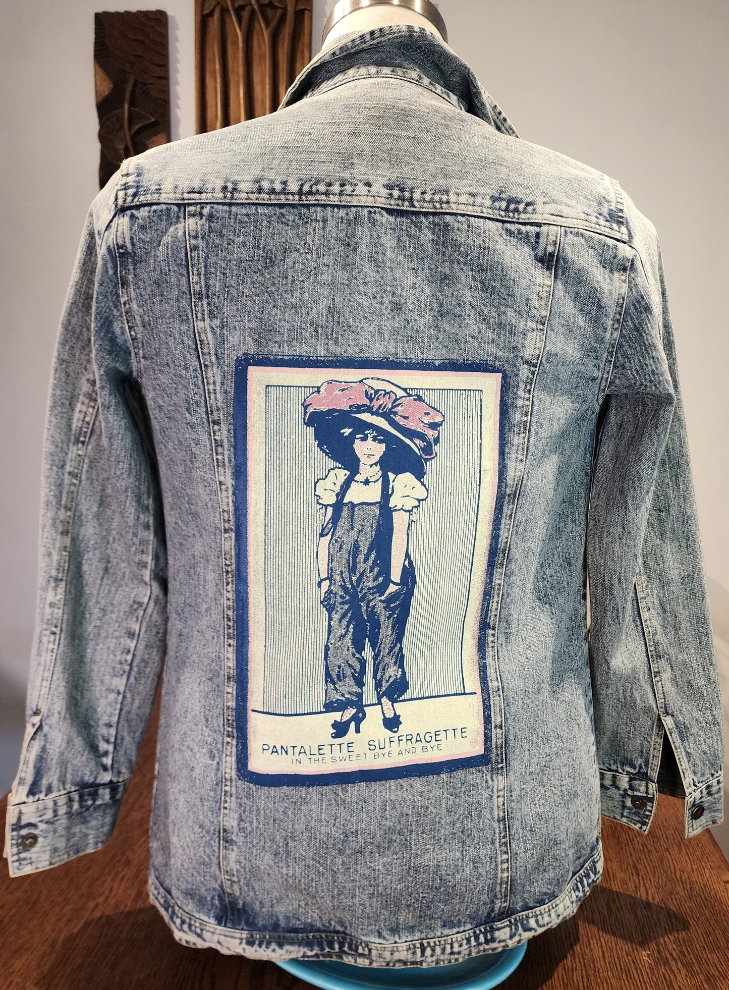 Hand-Printed Custom Repurposed Denim Jacket, "Pantalette Suffragette" NorthStyle Adult Small