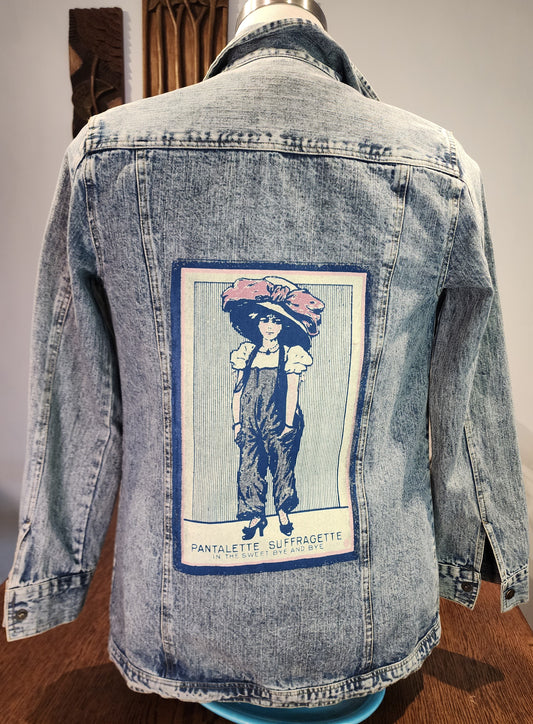 Hand-Printed Custom Repurposed Denim Jacket, "Pantalette Suffragette" NorthStyle Adult Small