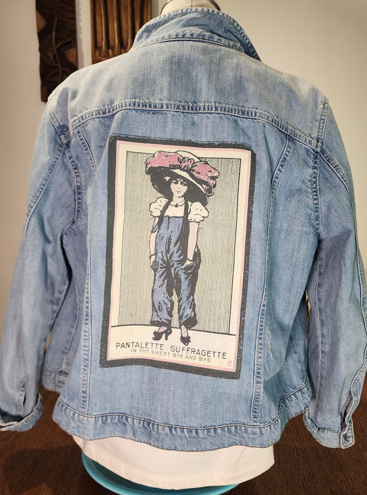 Hand-Printed Custom Repurposed Denim Jacket, Dorothy Perkins Ladies US16 Women's Suffrage, "Pantalette Suffragette"