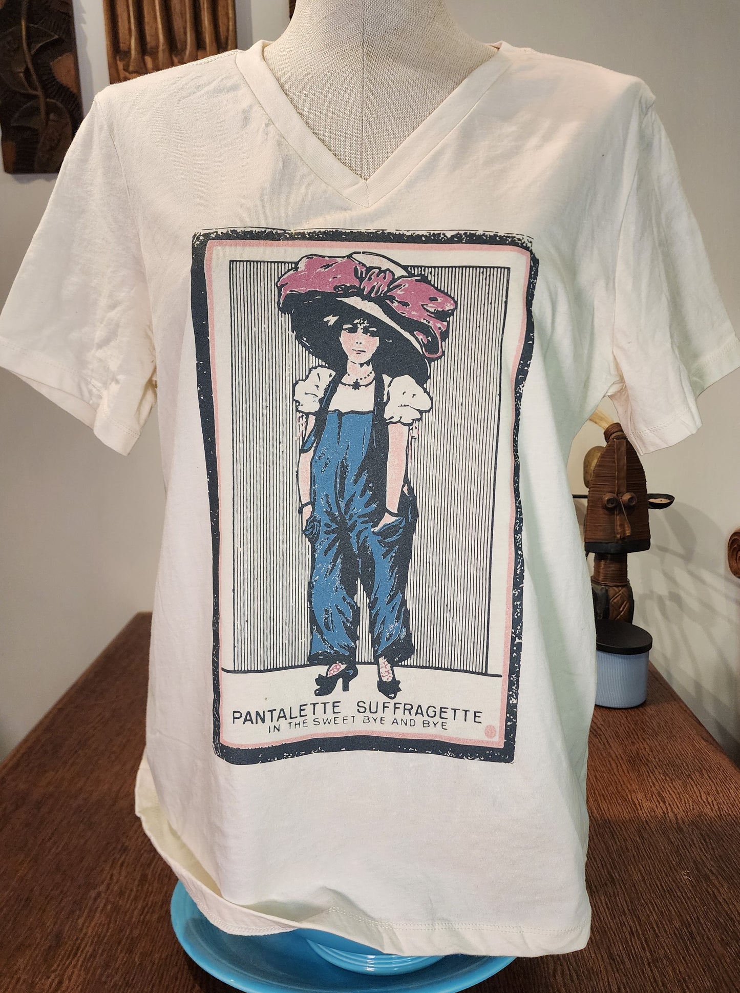 Womens' Suffrage "Pantalette Suffragette" vintage postcard design, Bella+Canvas v-neck Tee, SM-2X