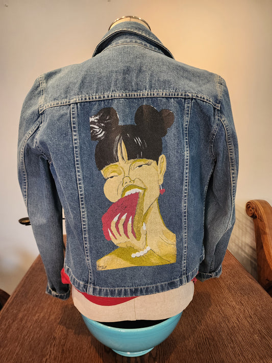 Hand-Printed Custom Vintage Denim Jacket, Ann Taylor Ladies' SM, "Cravings" by artist Jernie Scott
