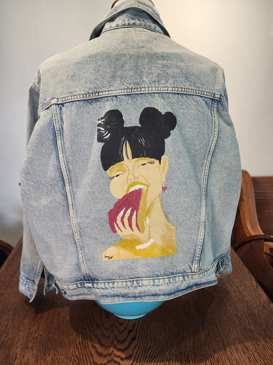 Hand-Printed Custom Vintage Denim Jacket, Old Navy Size Ladies' 2X, "Cravings" by Artist Jernie Scott