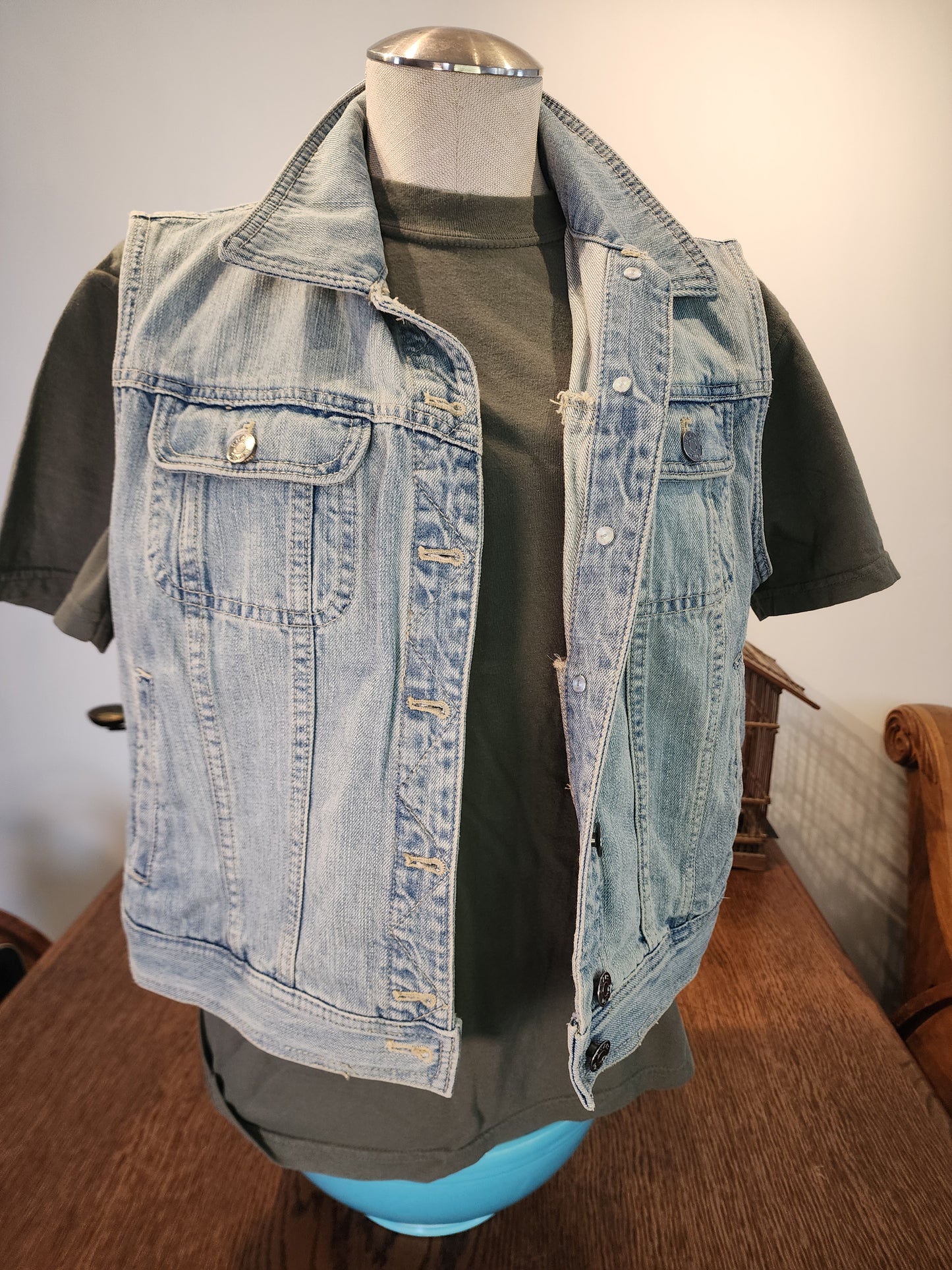 Hand-Printed Custom Vintage Denim Vest, Chaps Size Ladies' Large, "Cravings" by artist Jernie Scott