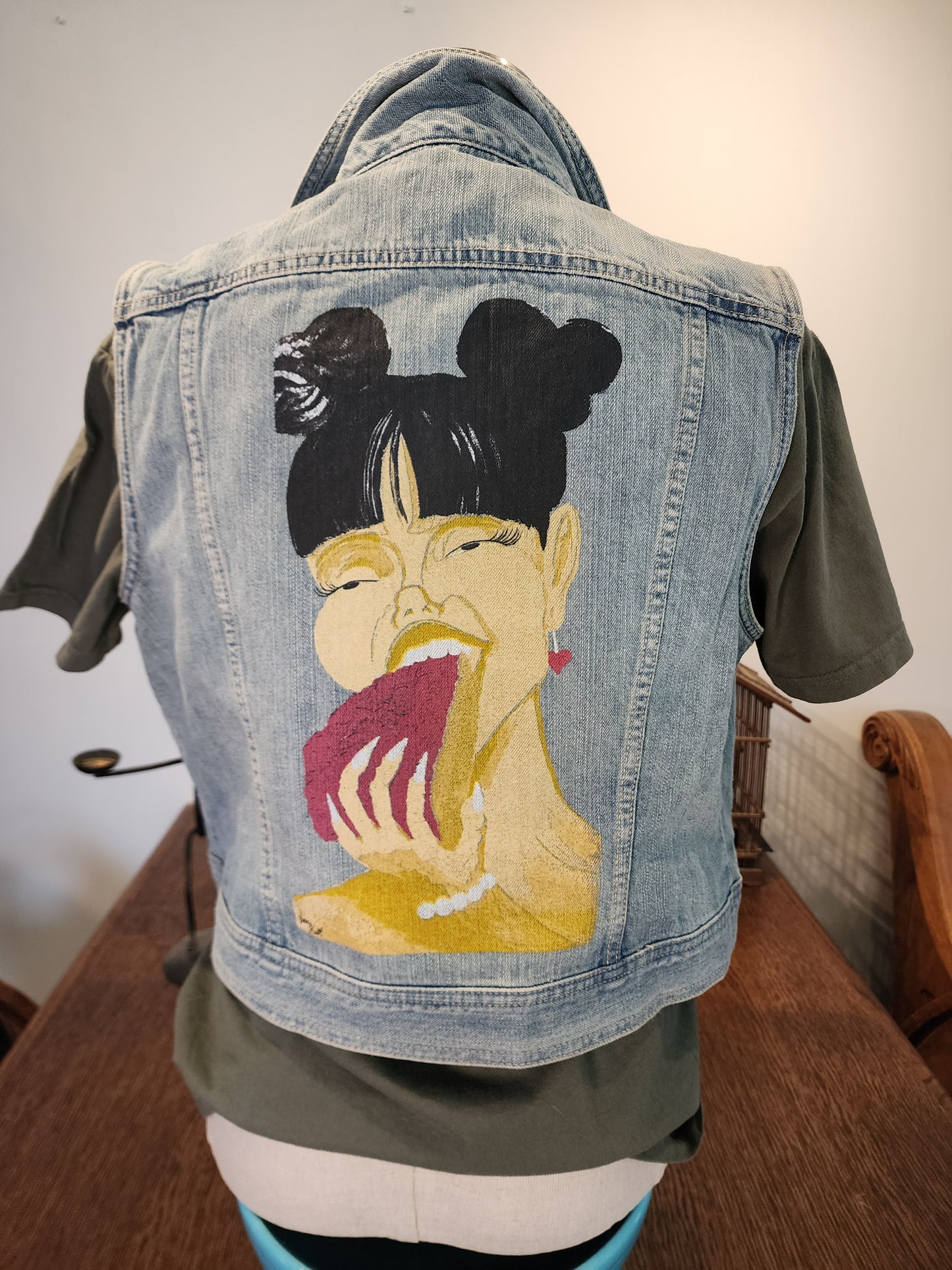 Hand-Printed Custom Vintage Denim Vest, Chaps Size Ladies' Large, "Cravings" by artist Jernie Scott