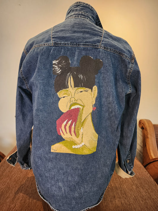 Hand-Printed Custom Recycled Denim Jacket, Bill Blass Ladies' SM, "Cravings" by artist Jernie Scott