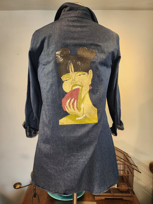 Hand-Printed Custom Denim Jacket/Shacket, North Style Ladies' SM, "Cravings" by artist Jernie Scott