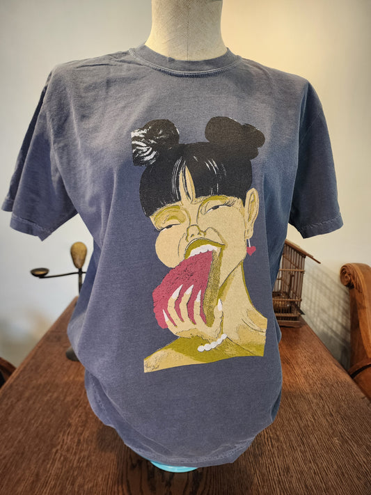 Hand-Printed Comfort Colors tee, Denim, "Cravings" by artist Jernie Scott SM-3X