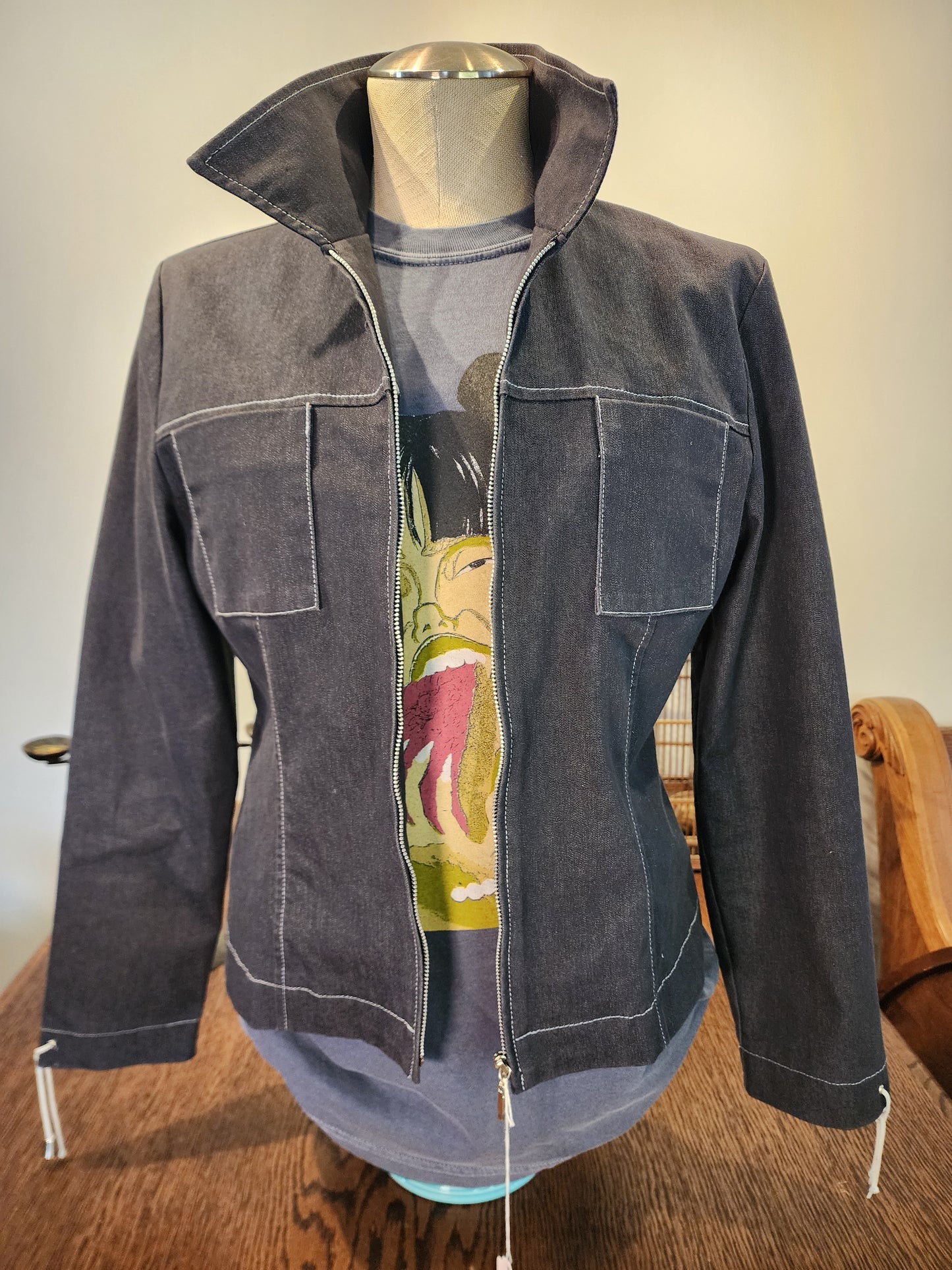 Hand-Printed Custom Denim Jacket, Sport Collection Ladies Size 6, "Cravings" by artist Jernie Scott