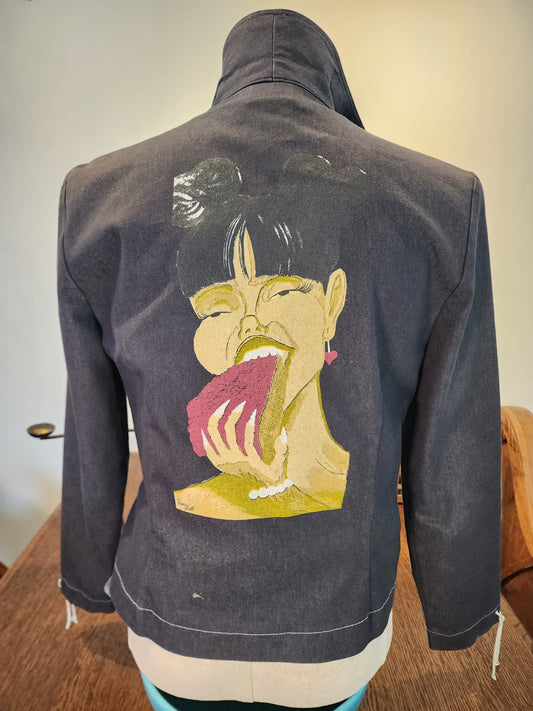 Hand-Printed Custom Denim Jacket, Sport Collection Ladies Size 6, "Cravings" by artist Jernie Scott