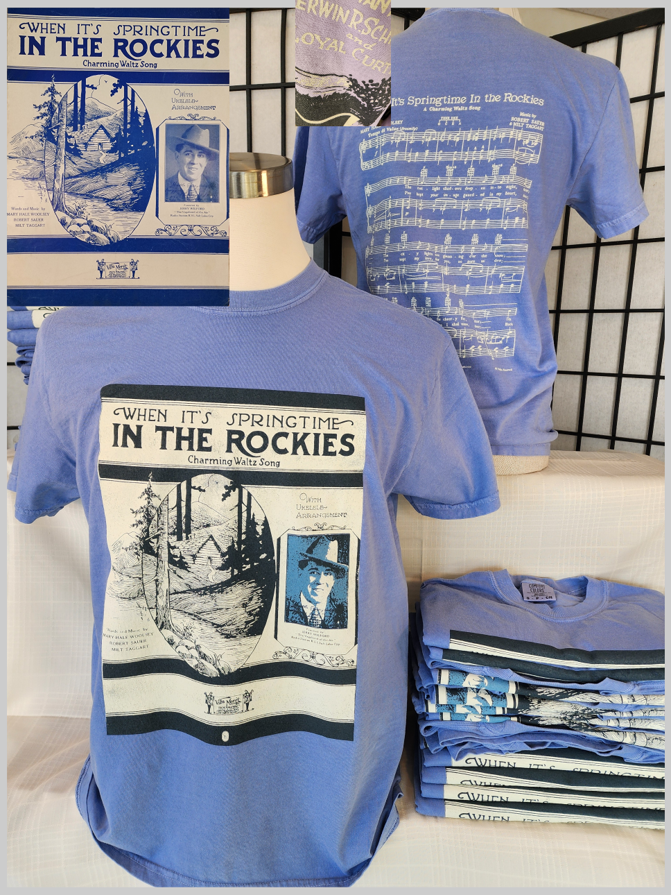 Vintage Sheet Music tee; "When It's Springtime in the Rockies" Comfort Colors tee, SM-3X, Denim Blue